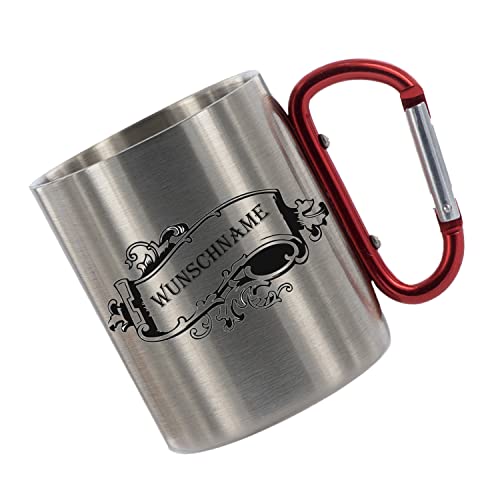 CreaLuxe Edelstahltasse mit Karabiner 'Wunschname' Tasse personalisiert, Kaffeetasse, Bürotasse, Metalltasse mit Name, Gravur von Creativ Deluxe