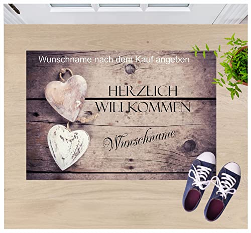 CreaLuxe Fussmatte mit Wunschtext / Wunschname Herzlich Willkommen - Motiv 2 Herzen Rosé / Weiß - 60x40 cm - Gummi Rückseite / rutschfest - Filzoberfläche - Bedruckte Türmatte - Innenmatte von Creativ Deluxe