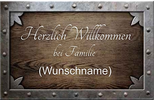 CreaLuxe Fussmatte mit Wunschtext / Wunschname Herzlich Willkommen - Motiv Holz Genietet - 60x40 cm - Gummi Rückseite / rutschfest - Filzoberfläche - Bedruckte Türmatte - Innenmatte von Creativ Deluxe