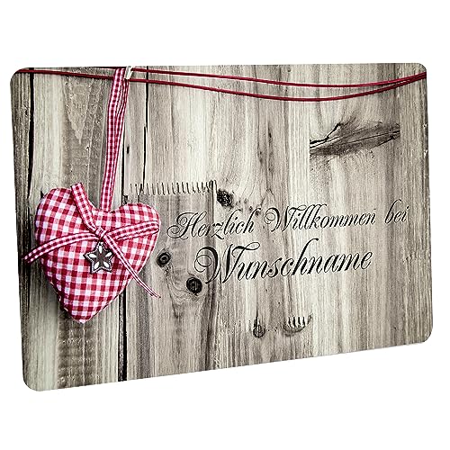 CreaLuxe Fussmatte mit Wunschtext/Wunschname Herzlich Willkommen - Motiv Stoffherz Rosa/Weiss - 60x40 cm - Gummi Rückseite/rutschfest - Filzoberfläche - Bedruckte Türmatte - Innenmatte von Creativ Deluxe