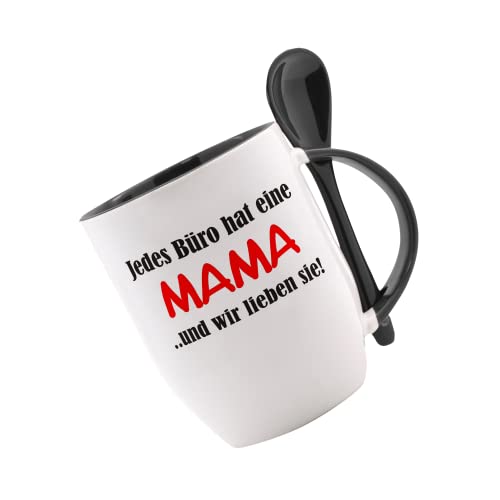 CreaLuxe Tasse mit Löffel bedruckt 'Jedes Büro hat eine Mama', Löffeltasse mit Motiv, Kaffeetasse von Creativ Deluxe