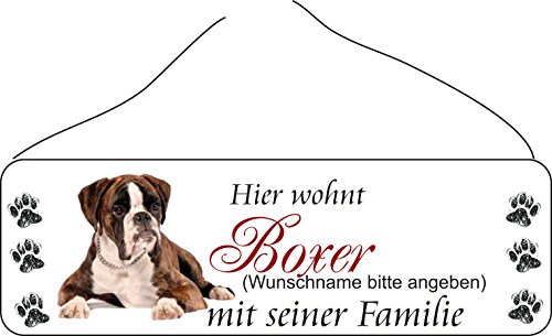 Creativ Deluxe Hier wohnt Boxer (Wunschname) mit Seiner Familie Hunde-Deko Schilder Türschild Vintage Schild lustige Dekoschilder Wanddeko Wandschild Holzschild Geschenk von Creativ Deluxe