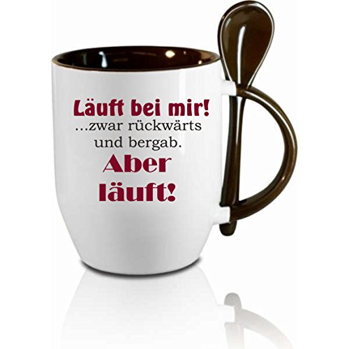 Tasse m. Löffel " Läuft bei mir.... " Löffeltasse, Kaffeetasse mit Motiv,Bürotasse, bedruckte Tasse mit Sprüchen oder Bildern - auch individuelle Gestaltung nach Kundenwunsch von Creativ Deluxe