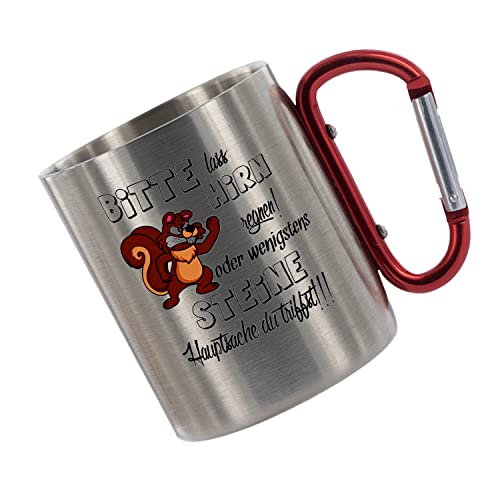 Crealuxe Edelstahltasse mit Karabiner 'Bitte lass Hirn regnen...' Tasse bedruckt, Kaffeetasse, Bürotasse, Metalltasse mit Name von Crealuxe