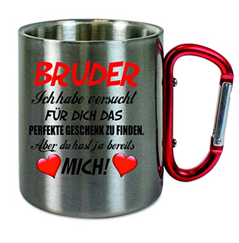 Edelstahltasse mit Carabiner" Bruder - ich habe versucht für dich ." Blechtasse, Campingtasse,Kaffeetasse mit Motiv,Bürotasse, bedruckte Tasse mit Sprüchen oder Bildern von Creativ Deluxe