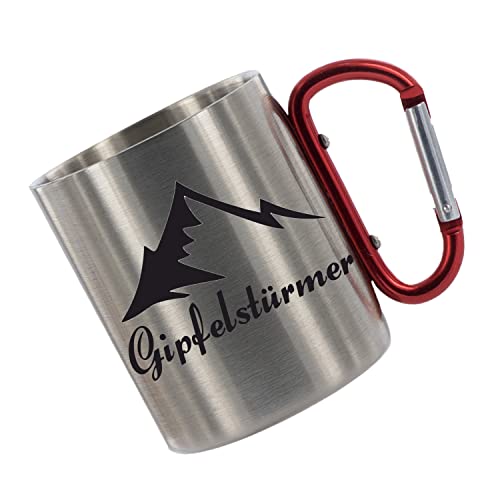 Edelstahltasse mit Carabiner - Gipfelstürmer - auch mit Name, Blechtasse, Campingtasse,Kaffeetasse mit Motiv,Bürotasse, bedruckte Tasse personalisiert mit Namen von Creativ Deluxe