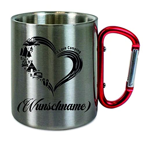 Edelstahltasse mit Carabiner " I love Camping mit Wunschname " Geburtstagstasse - Blechtasse, Campingtasse,Kaffeetasse mit Motiv,Bürotasse, bedruckte Tasse mit Sprüchen von Creativ Deluxe