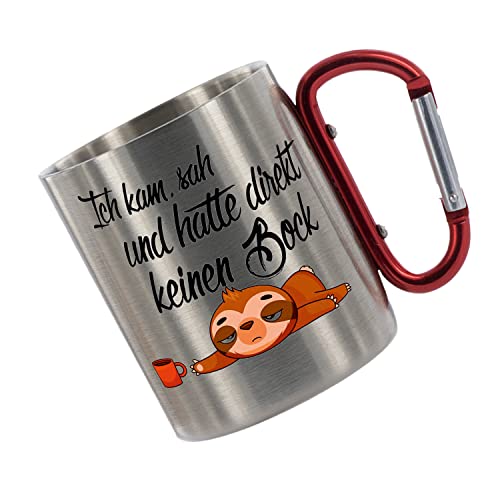 Crealuxe Edelstahltasse mit Karabiner 'Ich kam sah und hatte direkt keinen Bock mehr' Tasse bedruckt, Kaffeetasse, Bürotasse, Metalltasse mit Name von Crealuxe