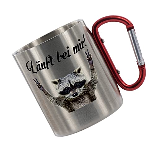 CreaLuxe Edelstahltasse mit Karabiner 'Läuft bei mir ..... Waschbär' Tasse bedruckt, Kaffeetasse, Bürotasse, Metalltasse mit Name von Creativ Deluxe