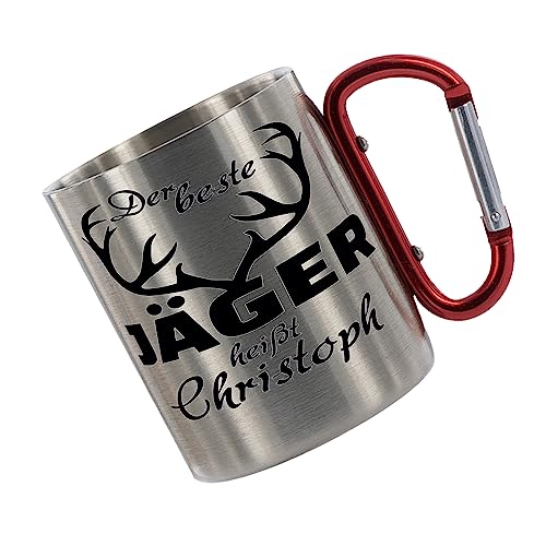 Edelstahltasse mit Karabiner 'Der beste Jäger heißt Wunschname' Tasse bedruckt, Kaffeetasse, Bürotasse, Metalltasse mit Name von Creativ Deluxe