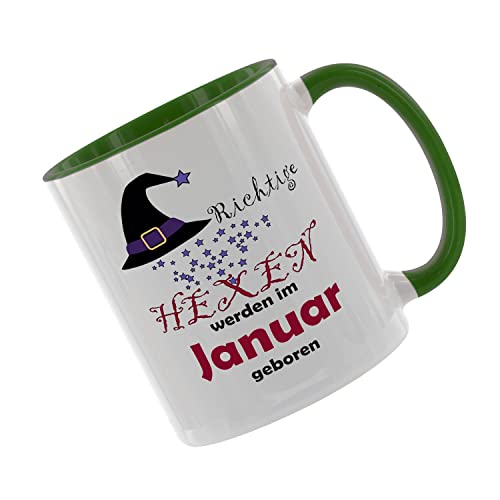 Richtige Hexen werden im Januar geboren - Kaffeetasse mit Motiv, Tasse mit Druck, auch individuell mit Spruch, Foto, Wunschtext, Wunschname (Grün) von Crealuxe