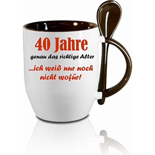 Tasse m. Löffel" 40 Jahre genau das richtige Alter... " Löffeltasse, Kaffeetasse mit Motiv,Bürotasse, bedruckte Tasse mit Sprüchen oder Bildern - auch individuelle Gestaltung nach Kundenwunsch von Creativ Deluxe