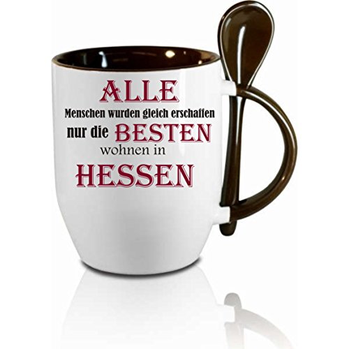 Tasse m. Löffel " Alle Menschen wurden gleich erschaffen - nur die Besten wohnen in Hessen " Löffeltasse, Kaffeetasse mit Motiv, Bürotasse, bedruckte Tasse mit Sprüchen oder Bildern von Creativ Deluxe