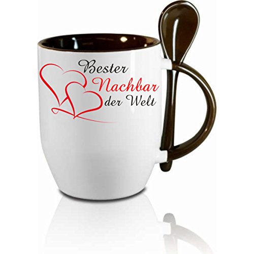 Tasse m. Löffel " Bester Nachbar der Welt " Löffeltasse, Kaffeetasse mit Motiv,Bürotasse, bedruckte Tasse mit Sprüchen oder Bildern - auch individuelle Gestaltung nach Kundenwunsch von Creativ Deluxe