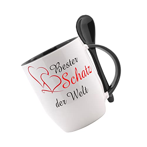 CreaLuxe Tasse mit Löffel bedruckt 'Bester Schatz der Welt', Löffeltasse mit Motiv, Kaffeetasse von Creativ Deluxe