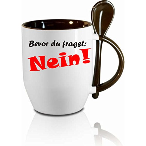 Tasse m. Löffel" Bevor du fragst... " Löffeltasse, Kaffeetasse mit Motiv,Bürotasse, bedruckte Tasse mit Sprüchen oder Bildern - auch individuelle Gestaltung nach Kundenwunsch von Creativ Deluxe