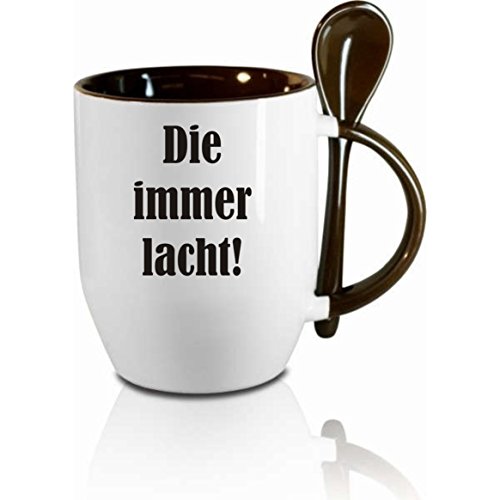 Tasse m. Löffel " Die immer lacht " Löffeltasse, Kaffeetasse mit Motiv,Bürotasse, bedruckte Tasse mit Sprüchen oder Bildern - auch individuelle Gestaltung nach Kundenwunsch von Creativ Deluxe