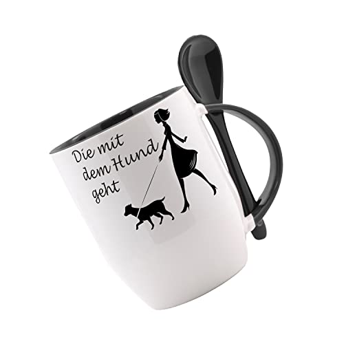 Tasse mit Löffel Die mit dem Hund geht Löffeltasse, Kaffeetasse mit Motiv,Bürotasse, bedruckte Tasse mit Sprüchen oder Bildern von Creativ Deluxe