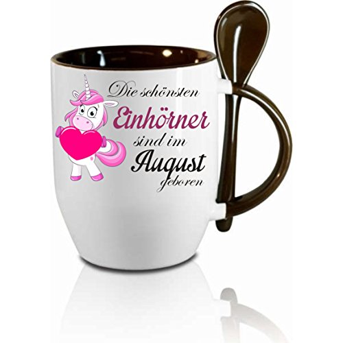 Tasse m. Löffel " Die schönsten Einhörner sind im August geboren " Löffeltasse, Kaffeetasse mit Motiv,Bürotasse, bedruckte Tasse mit Sprüchen oder Bildern von Creativ Deluxe