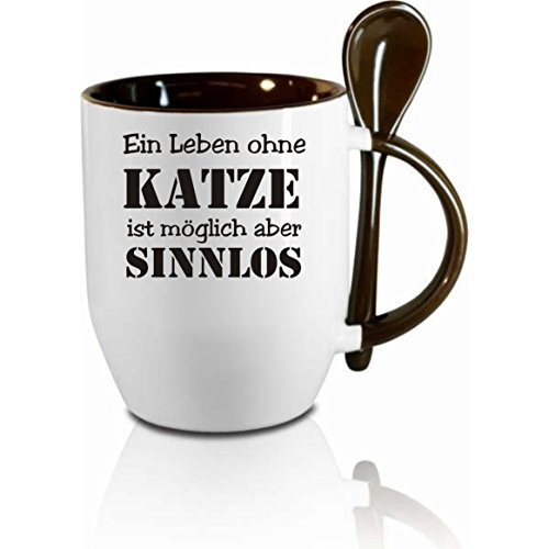 Tasse m. Löffel " Ein Leben ohne Katze ist möglich aber sinnlos " Löffeltasse, Kaffeetasse mit Motiv,Bürotasse, bedruckte Tasse mit Sprüchen oder Bildern - von Creativ Deluxe