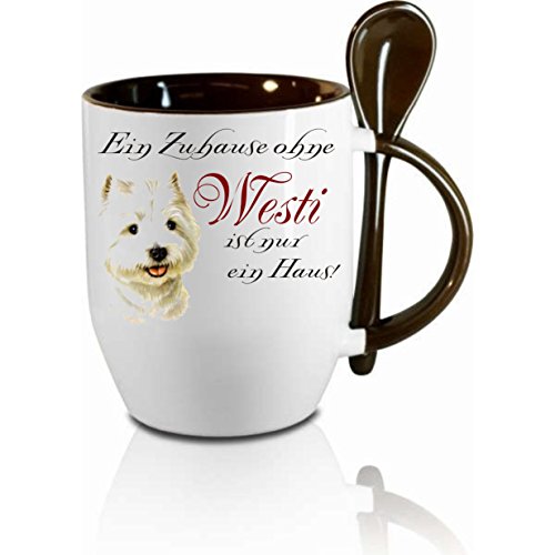 Tasse m. Löffel" Ein Zuhause ohne Westi... " Löffeltasse, Kaffeetasse mit Motiv,Bürotasse, bedruckte Tasse mit Sprüchen oder Bildern - auch individuelle Gestaltung nach Kundenwunsch von Creativ Deluxe