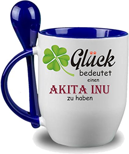 Tasse m. Löffel Glück bedeutet einen Akita Inu zu haben - Löffeltasse, Kaffeetasse mit Motiv,Bürotasse, bedruckte Tasse mit Sprüchen oder Bildern - (blau) von Creativ Deluxe
