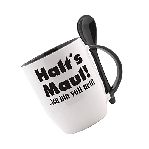 Tasse mit Löffel Halts Maul ich bin voll nett Löffeltasse, Kaffeetasse mit Motiv, Bürotasse, bedruckte Tasse mit Sprüchen oder Bildern von Creativ Deluxe