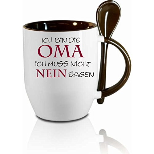 Tasse m. Löffel " Ich bin die Oma - ich muß nicht nein sagen " Löffeltasse, Kaffeetasse mit Motiv,Bürotasse, bedruckte Tasse mit Sprüchen oder Bildern - auch individuelle Gestaltung nach Kundenwunsch von Creativ Deluxe