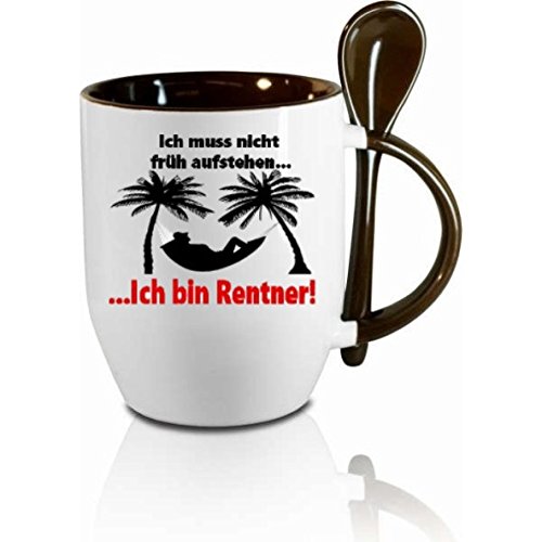 Tasse m. Löffel " Ich muss nicht aufstehen - ich bin Rentner " Löffeltasse, Kaffeetasse mit Motiv,Bürotasse, bedruckte Tasse mit Sprüchen oder Bildern - auch individuelle Gestaltung nach Kundenwunsch von Creativ Deluxe