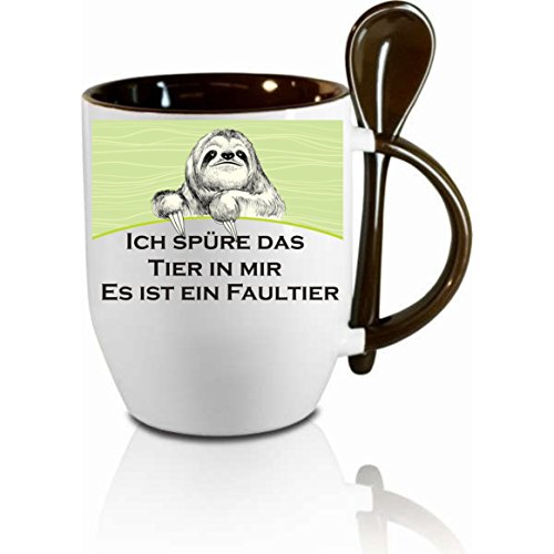 Tasse m. Löffel " Ich spüre das Tier in mir - es ist ein Faultier " Löffeltasse, Kaffeetasse mit Motiv,Bürotasse, bedruckte Tasse mit Sprüchen oder Bildern - auch individuelle Gestaltung nach Kundenwunsch von Creativ Deluxe