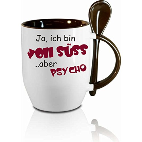 Tasse m. Löffel " Ja - ich bin voll süß aber Psycho " Löffeltasse, Kaffeetasse mit Motiv,Bürotasse, bedruckte Tasse mit Sprüchen oder Bildern - auch individuelle Gestaltung nach Kundenwunsch von Creativ Deluxe