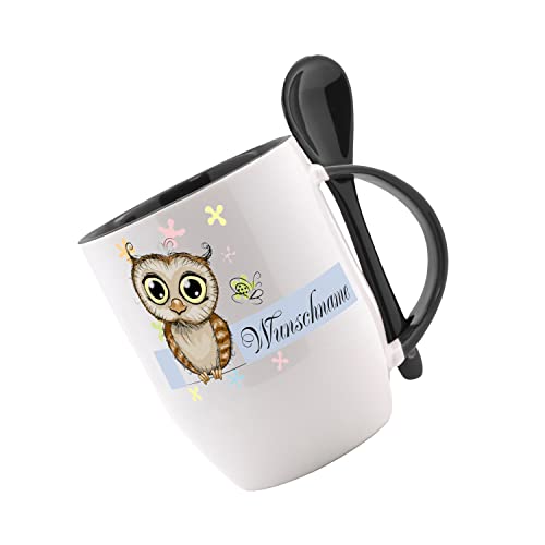 Tasse mit Löffel - Löffeltasse mit Wunschname - Eule - Kaffeetasse mit Motiv, Bürotasse, bedruckte Tasse mit Sprüchen oder Bildern - auch individuelle Gestaltung nach Kundenwunsch von Creativ Deluxe
