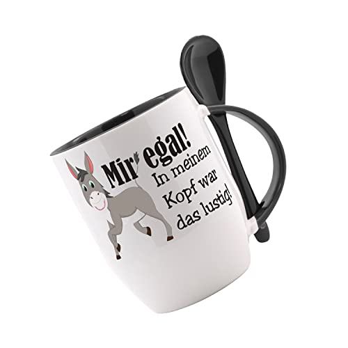 Tasse m. Löffel Mir egal in meinem Kopf ist das lustig Löffeltasse, Kaffeetasse mit Motiv,Bürotasse, bedruckte Tasse mit Sprüchen oder Bildern - auch individuelle Gestaltung nach Kundenwunsch von Crealuxe