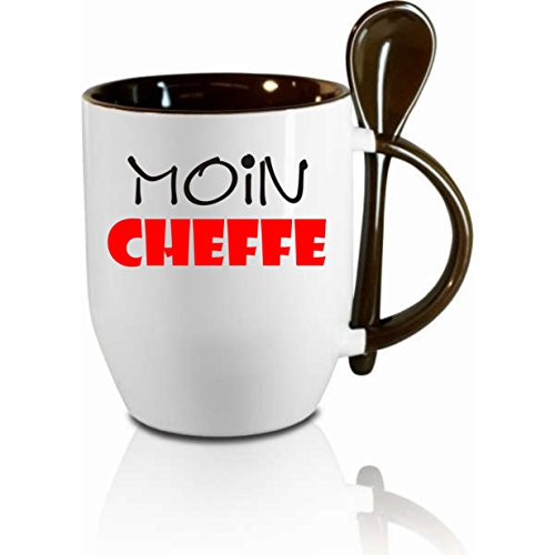 Tasse m. Löffel" Moin Cheffe " Löffeltasse, Kaffeetasse mit Motiv,Bürotasse, bedruckte Tasse mit Sprüchen oder Bildern - auch individuelle Gestaltung nach Kundenwunsch von Creativ Deluxe