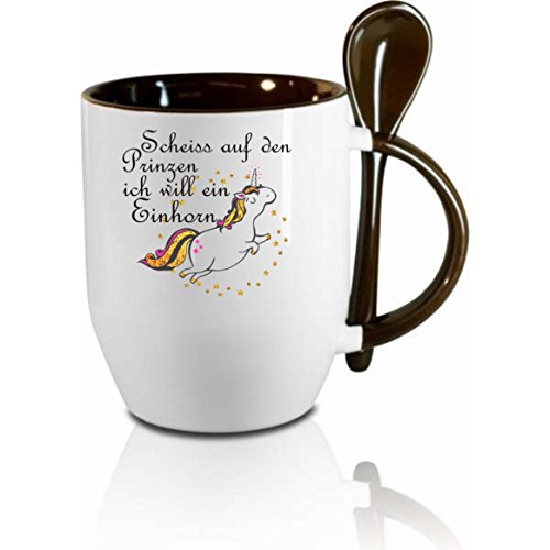 Tasse m. Löffel " Scheiss auf den Prinzen ich will das Einhorn " Löffeltasse, Kaffeetasse mit Motiv,Bürotasse, bedruckte Tasse mit Sprüchen oder Bildern - von Creativ Deluxe