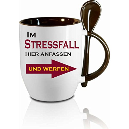 Tasse m. Löffel" Stressfall " Löffeltasse, Kaffeetasse mit Motiv,Bürotasse, bedruckte Tasse mit Sprüchen oder Bildern - auch individuelle Gestaltung nach Kundenwunsch von Creativ Deluxe