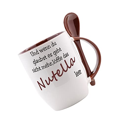 Crealuxe Löffeltasse 'Und wenn du glaubst es geht nicht mehr löffle das Nutella leer' bedruckt, Kaffeetasse mit Motiv, Bürotasse von Crealuxe