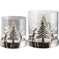 Creativ home Windlicht "Kerzenhalter Weihnachtslandschaft, mit Baum und Reh", (Set, 2 St.), Teelichthalter, Weihnachtsdeko mit Hirsch und Tanne, Höhe 10 + 15 cm von Creativ Home