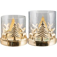 Creativ home Windlicht "Kerzenhalter Weihnachtslandschaft, mit Baum und Reh", (Set, 2 St.), Teelichthalter, Weihnachtsdeko mit Hirsch und Tanne, Höhe 10 + 15 cm von Creativ Home