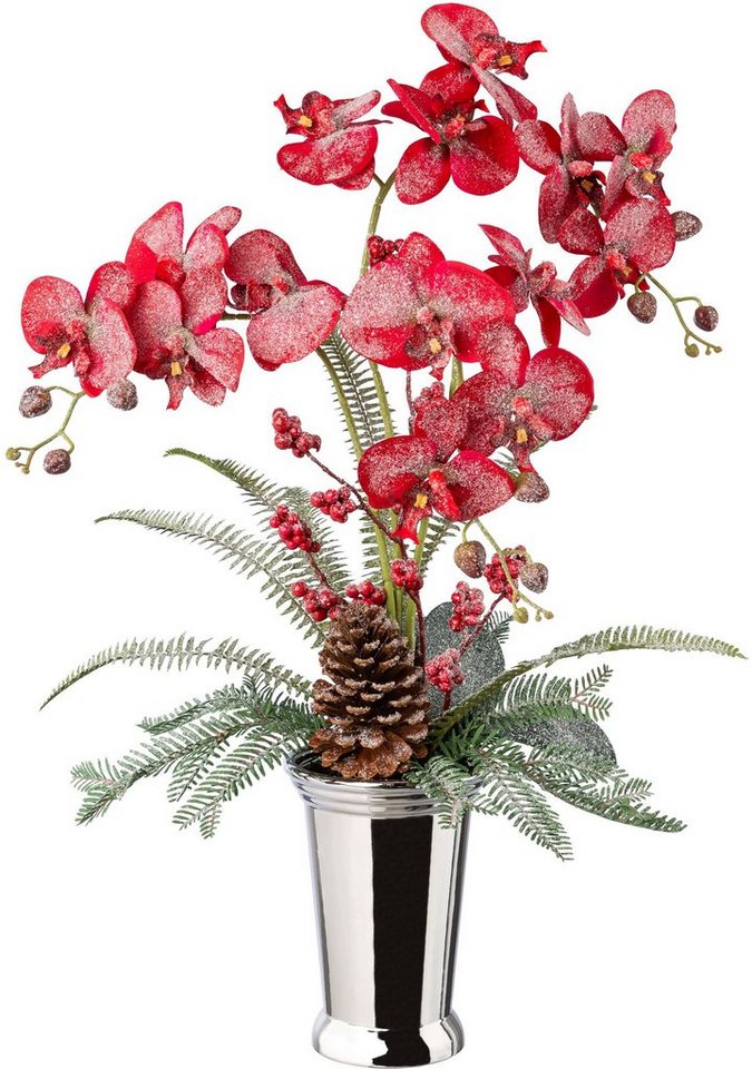 Winterliche Kunstpflanze Weihnachtsdeko Orchidee, Creativ green, Höhe 70 cm, Gesteck in Keramikvase, dekoriert mit Zapfen, Beeren und Farnzweigen von Creativ green