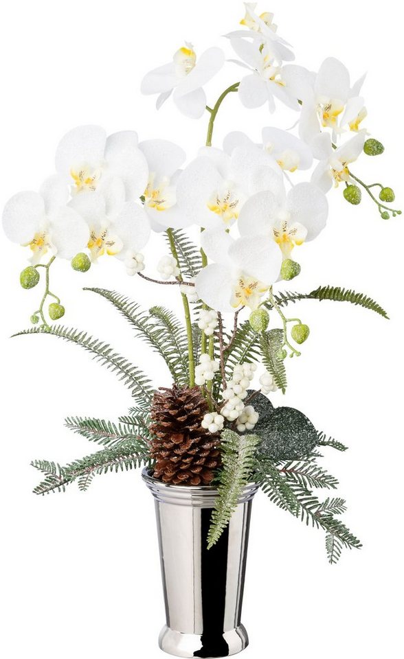 Winterliche Kunstpflanze Weihnachtsdeko Orchidee, Creativ green, Höhe 70 cm, Gesteck in Keramikvase, dekoriert mit Zapfen, Beeren und Farnzweigen von Creativ green