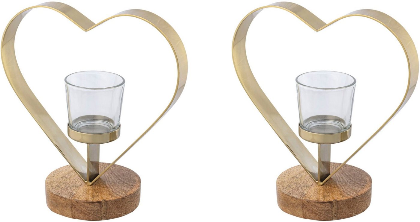 Creativ home Teelichthalter Kerzenhalter Herz (Set, 2 St), aus Holz, Edelstahl und Glas von Creativ home