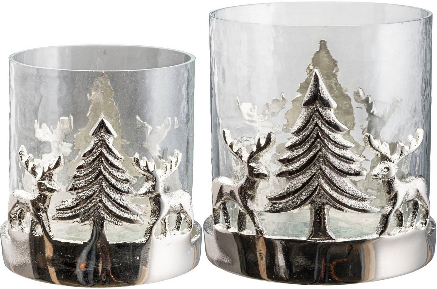 Creativ home Windlicht Kerzenhalter Weihnachtslandschaft, mit Baum und Reh (Set, 2 St), Teelichthalter, Weihnachtsdeko mit Hirsch und Tanne, Höhe 10 + 15 cm von Creativ home