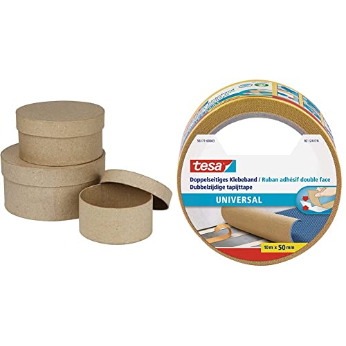 Creativ 263700 Pappmaché-Boxen, rund, 10 + 13 + 16 cm, Braun, 3 Stück & tesa 56171-00003-01 Universal Doppelklebeband,10m x 50mm von Creativ