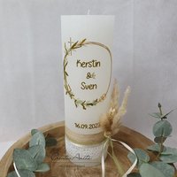 Hochzeitskerze Rustik Weiß Groß - Mit Blütenkreis Gold, Taupe Und Olive Filigran Wahlweise Mit/Ohne Teelichteinsatz von CreativAnita