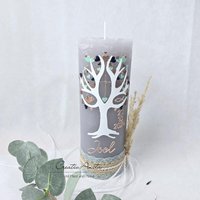 Taufkerze Rustikkerze Betongrau Mit Lebensbaum - Herzen in Roségold, Braun Metallic, Mint Und Petrol Pampasgras von CreativAnita