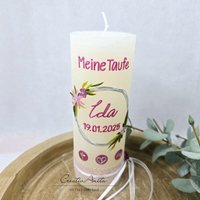 Taufkerze Rustikkerze Mit/Ohne Teelichteinsatz Mädchen Blumenkreis Elfenbein-Beere Perlmutt von CreativAnita