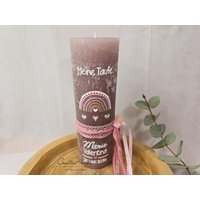 Taufkerze Rustikkerze Taupe Mit/Ohne Teelichteinsatz, Verziert Mit Regenbogen Herzen Und Christlichen Symbolen von CreativAnita