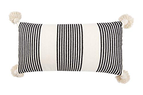Creative Co-op Cotton & Chenille Pillow with Vertical Black Stripes, Tassels & Solid Cream Back Kissen, schwarz von Creative Co-op
