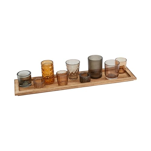 Holztablett mit 9 braunen Votivkerzenhaltern aus Glas, 10 Stück von Creative Co-op